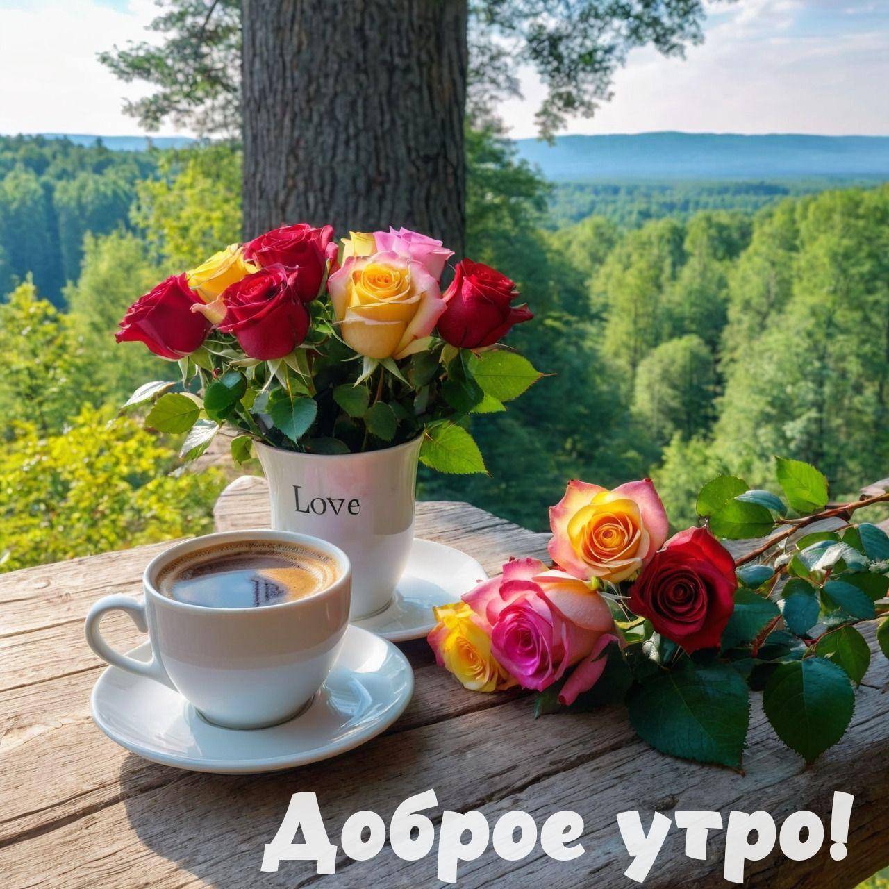 Утро, белая чашка кофе и ваза с розами на столе
