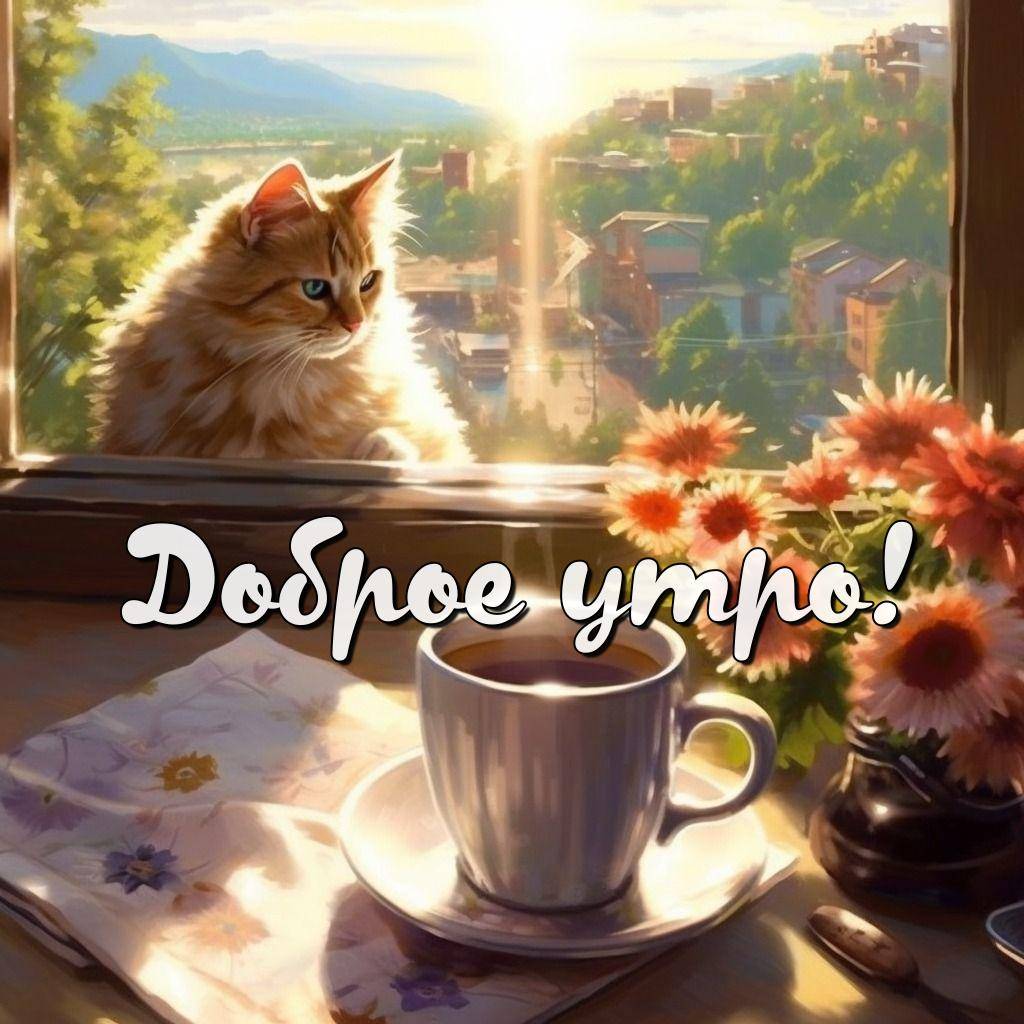 Утро, белая чашка с чаем, букет цветов и рыжий кот