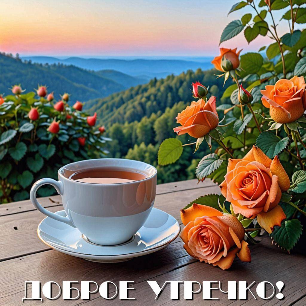 Утро, белая чашка с чаем и оранжевые розы на фоне пейзажа