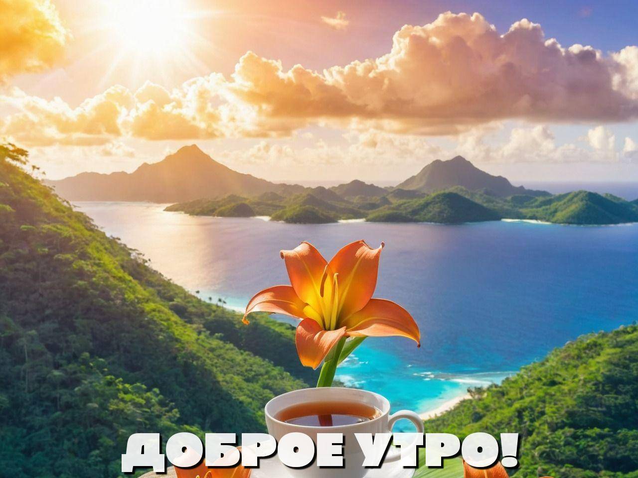 Утро, белая чашка с чаем и оранжевый цветок на фоне тропического пейзажа