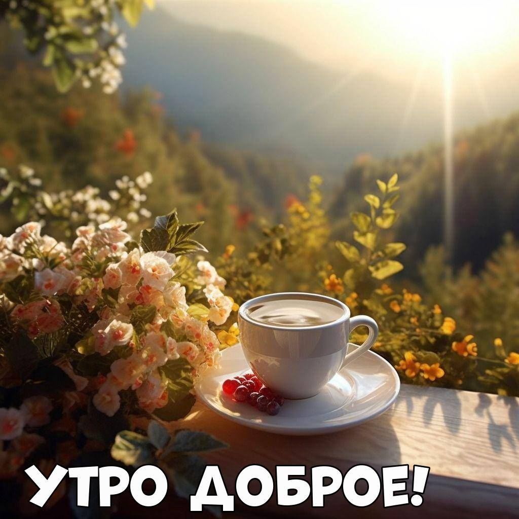 Утро, белая чашка с горячим напитком и ягодами смородины