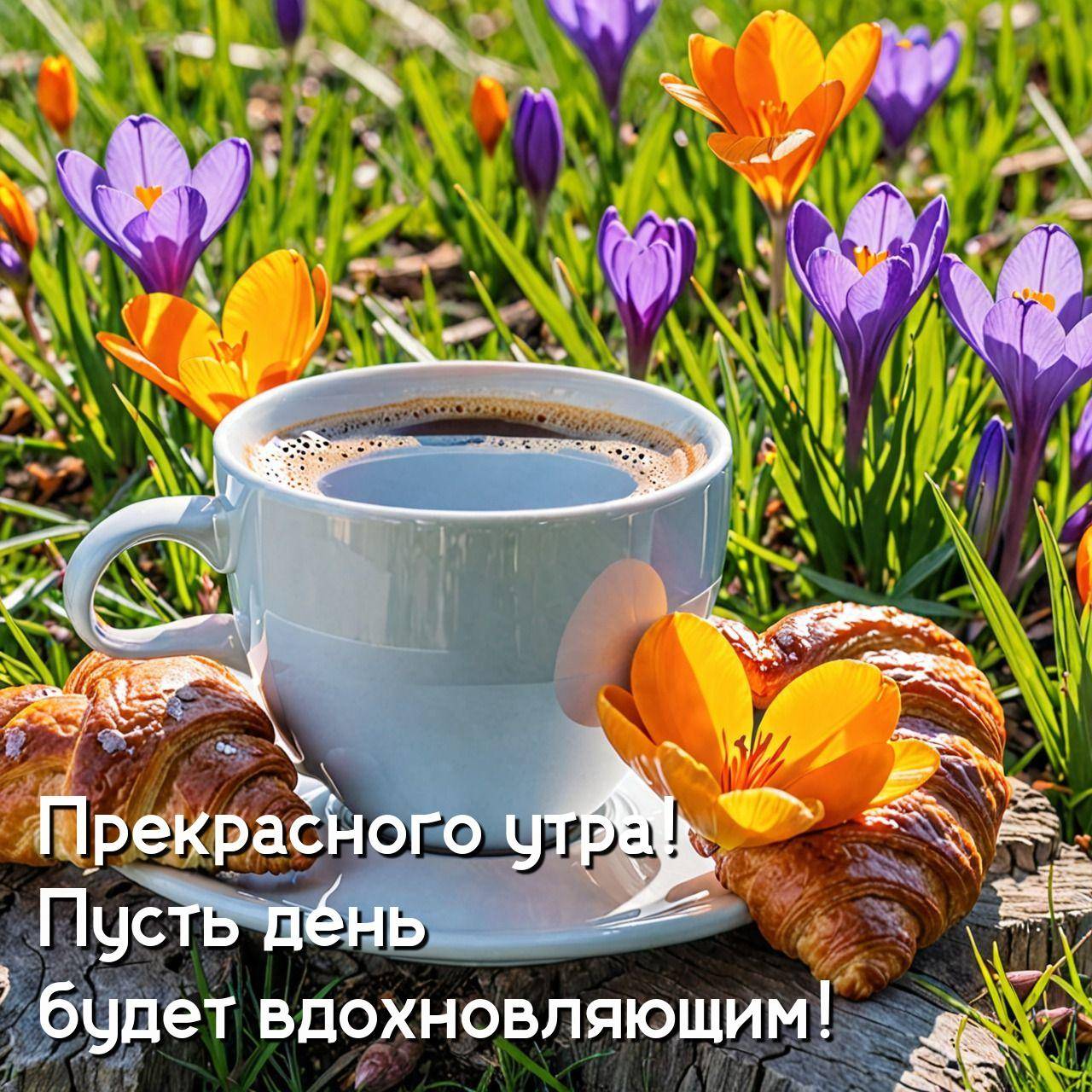 Утро, белая чашка с кофе, два круассана и крокусы