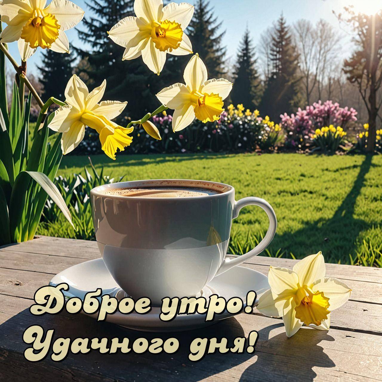Утро, белая чашка с кофе и нарциссы на столе.