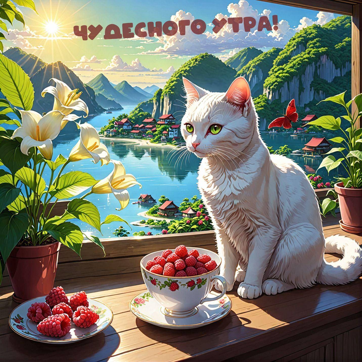 Утро, белая кошка на подоконнике, чашка с малиной, вид на озеро