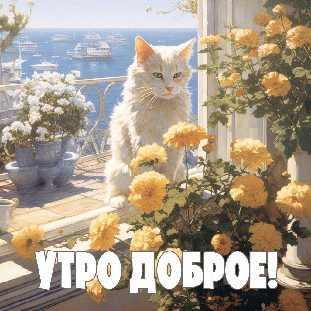 Утро, белый кот на балконе среди цветов, вид на море