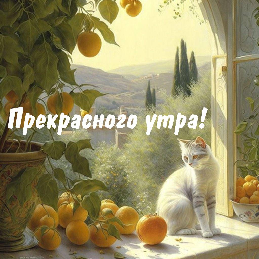 Утро, белый кот на подоконнике с апельсинами