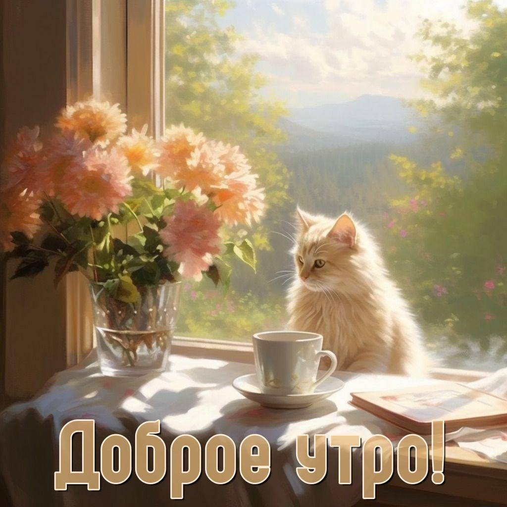 Утро, белый кот на подоконнике с чашкой, книгой и цветами