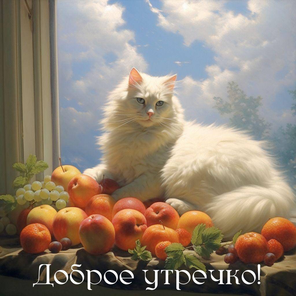 Утро, белый кот на подоконнике среди фруктов