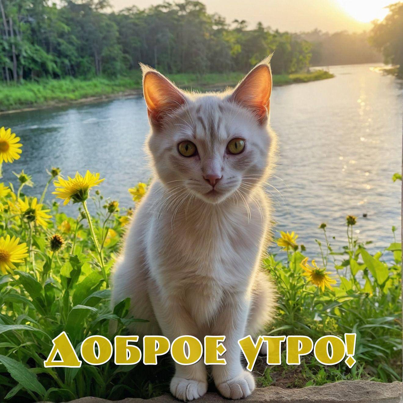 Утро, белый кот у реки на фоне заката