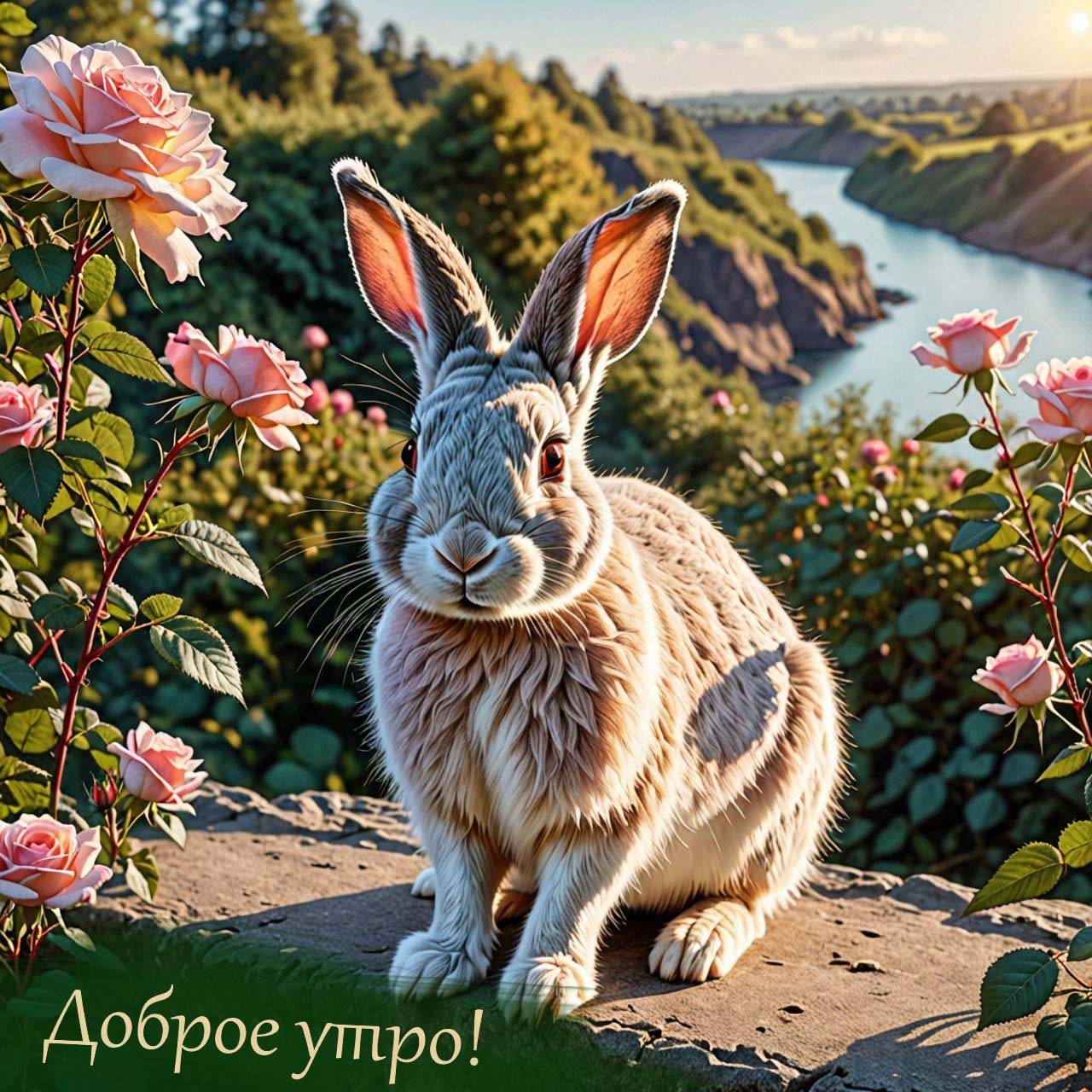 Утро, белый кролик на камне с розами, пейзаж с рекой и небом