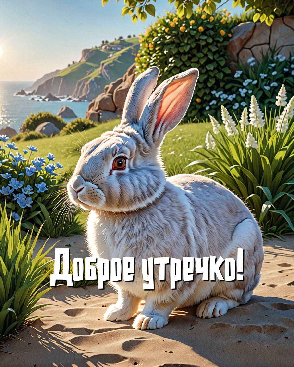 Утро, белый кролик на песчаной земле среди травы и цветов