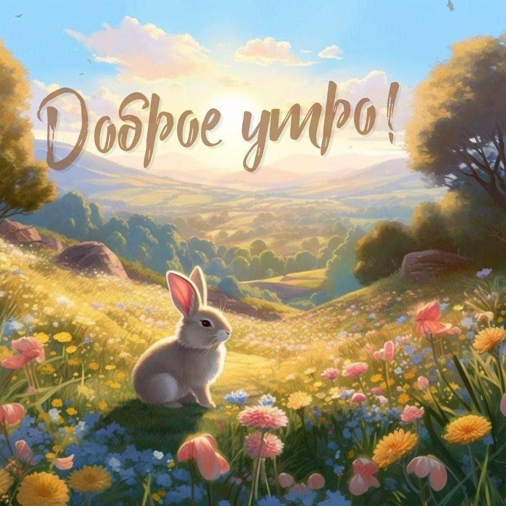 Утро, белый кролик на цветущем лугу