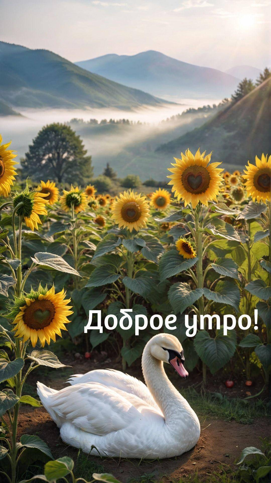 Утро, белый лебедь среди подсолнечников на фоне гор
