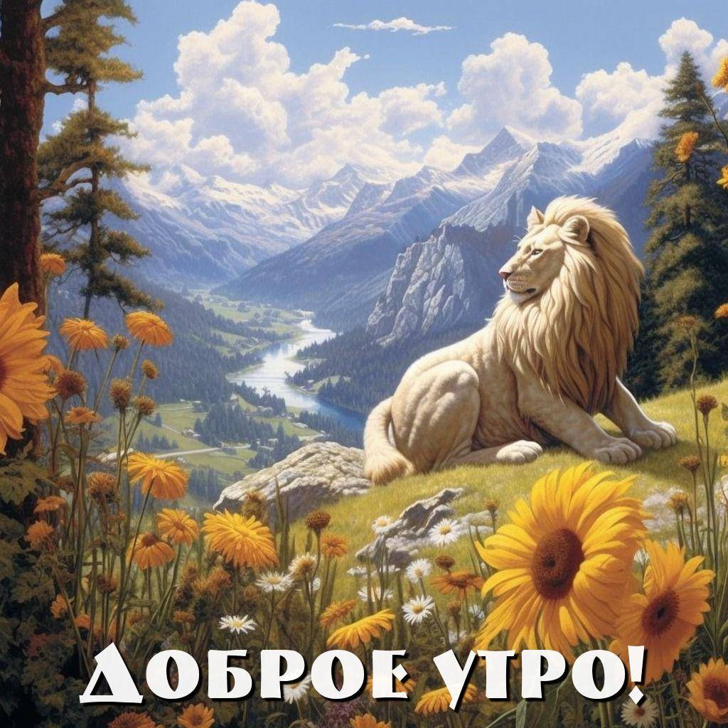 Утро, белый лев лежит на траве среди цветов