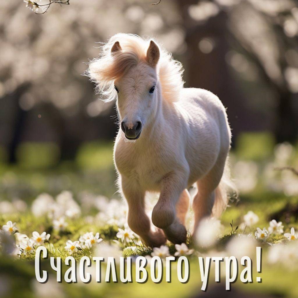 Утро, белый пони бежит по зелёному лугу с цветами