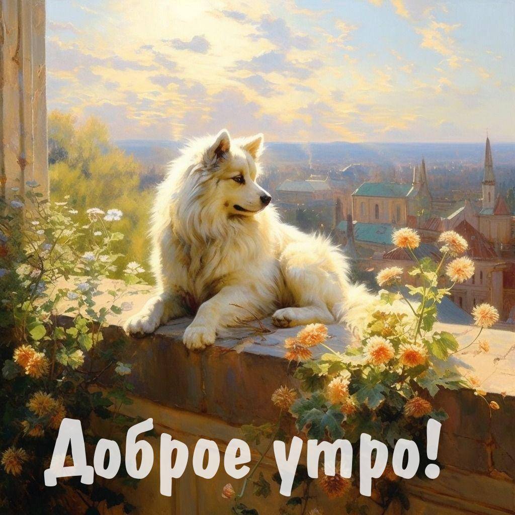 Утро, белый пушистый пес на парапете среди цветов
