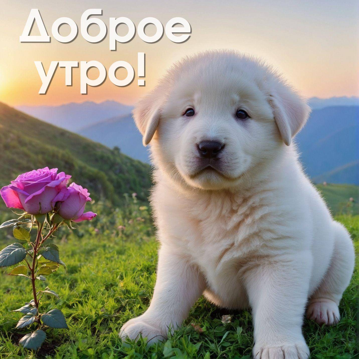 Утро, белый щенок на траве рядом с розой