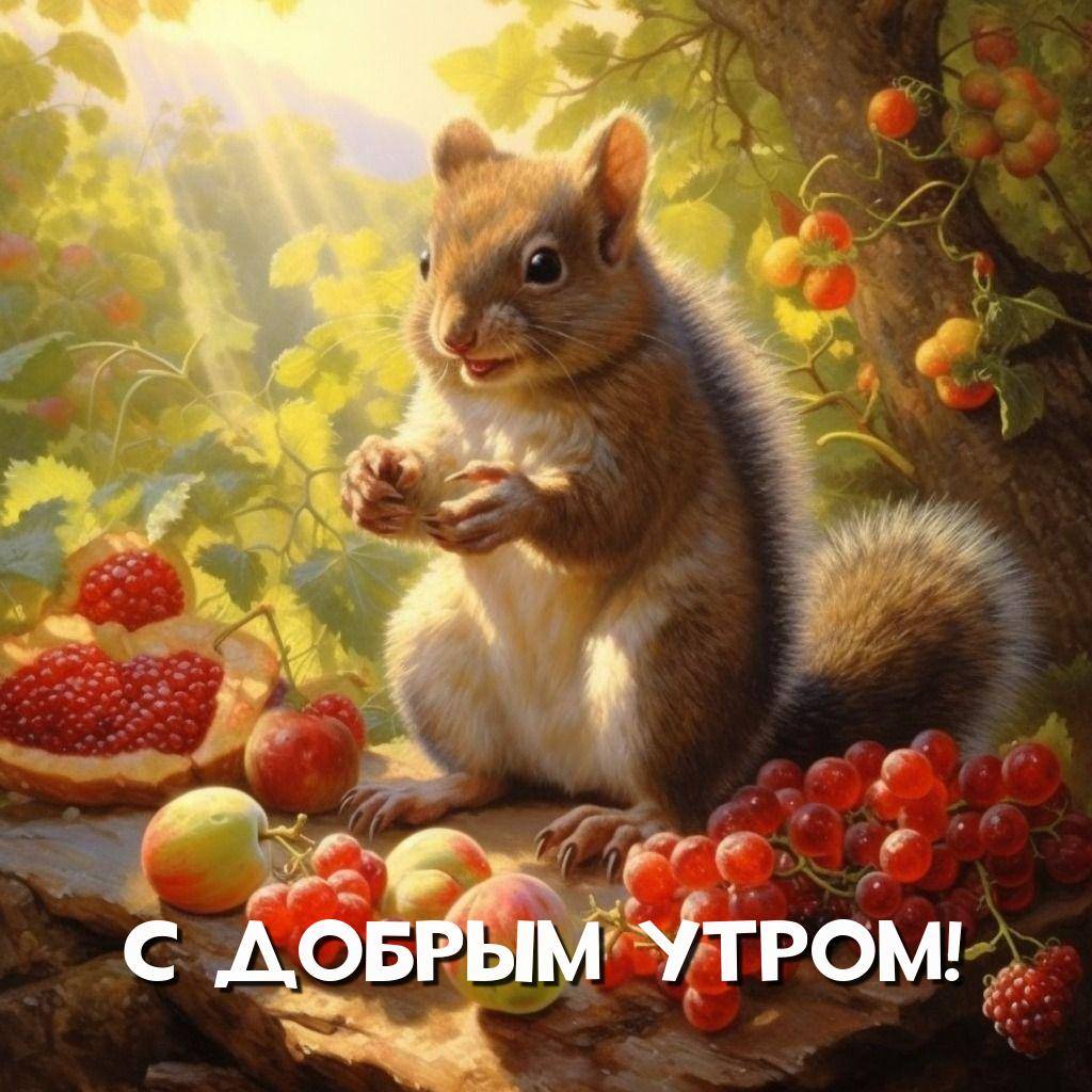Утро, белка на камне с ягодами и фруктами