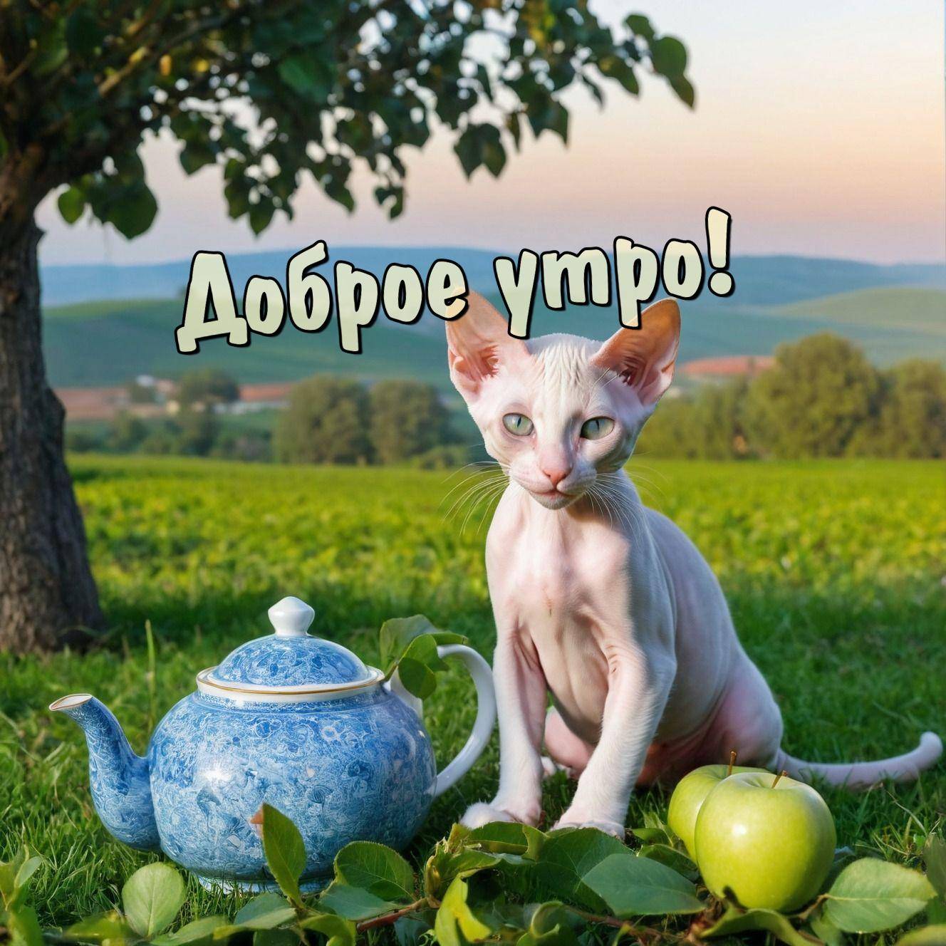 Утро, бесшерстный кот (сфинкс) рядом с синим чайником и яблоками