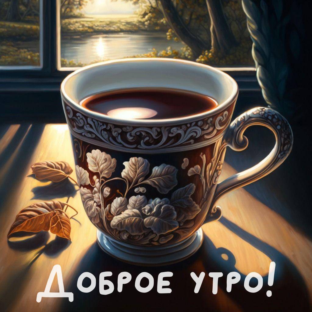 Утро, богато украшенная чашка с чаем на деревянном столе