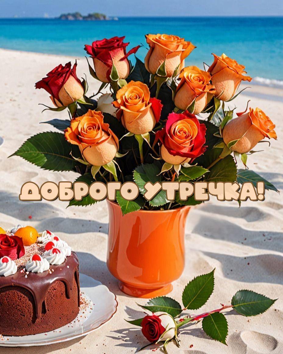 Утро, букет и торт на пляже