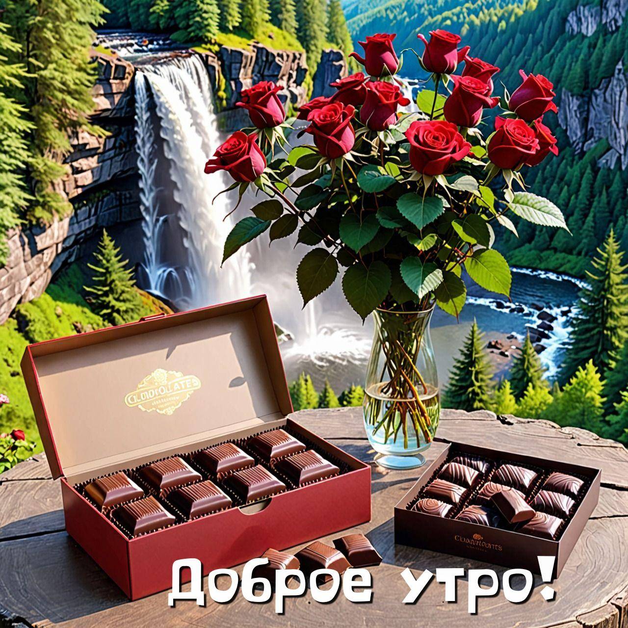 Утро, букет красных роз в вазе на столе