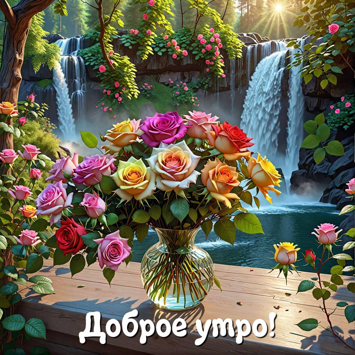 Утро, букет роз в вазе на фоне природы