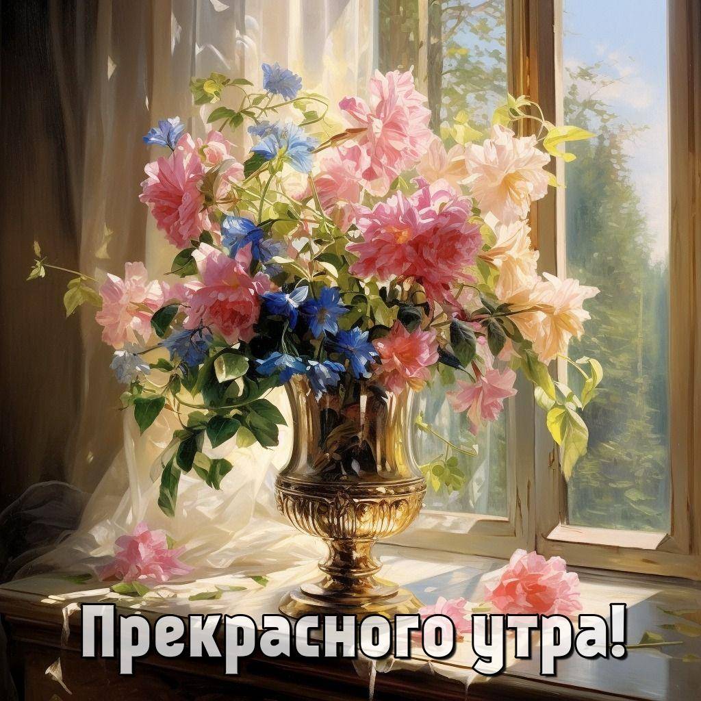 Утро, букет цветов в вазе на подоконнике