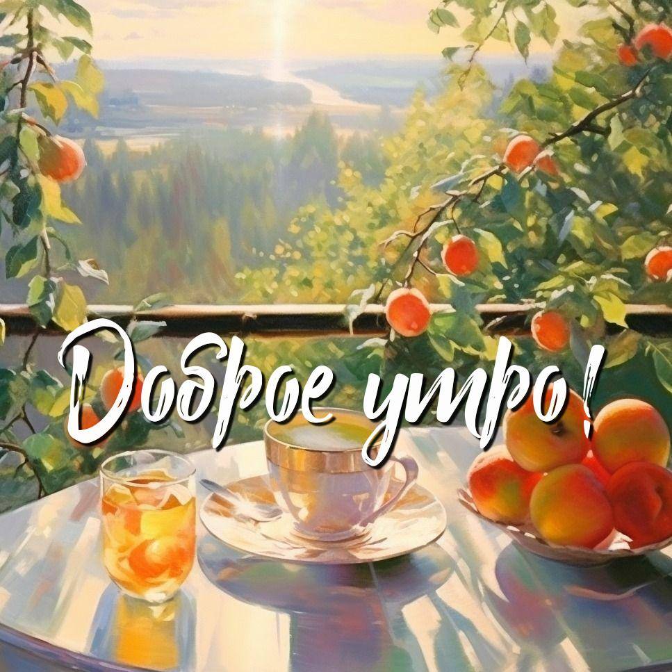 Утро, чай, стакан и яблоки на столе с пейзажем