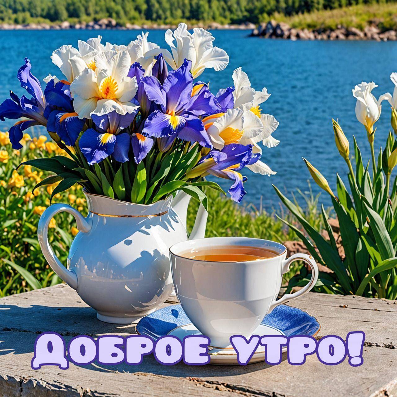 Утро, чайная чашка и блюдце, заварочный чайник с цветами