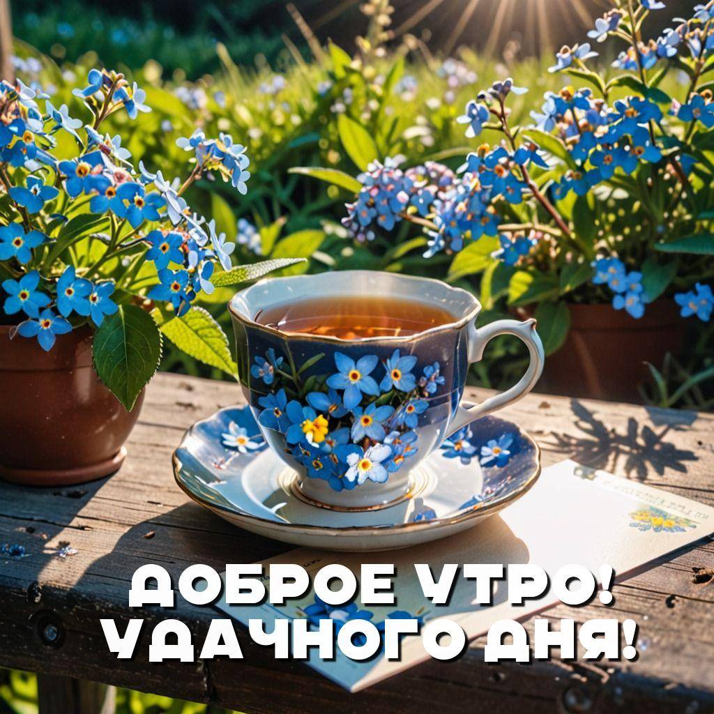 Утро, чайная чашка с незабудками и цветочными горшками