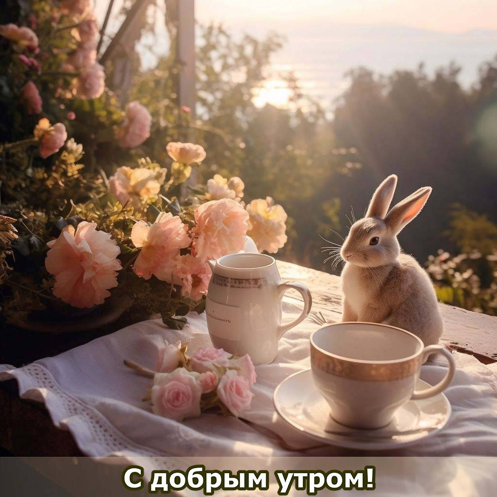 Утро, чашка, чайник и кролик на столе с белой скатертью