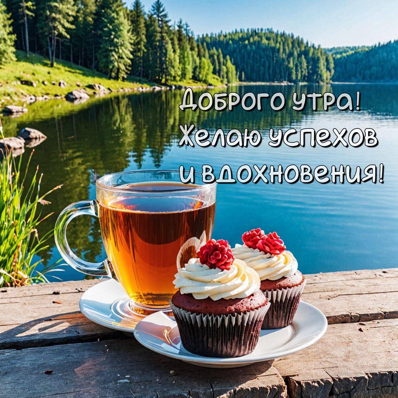 Утро, чашка чая и капкейки у озера