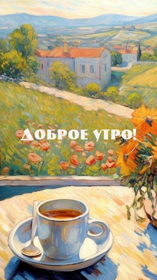 Утро, чашка чая и оранжевые цветы на фоне пейзажа