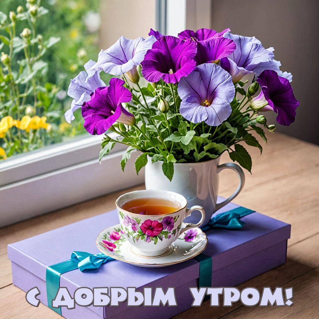 Утро, чашка чая и цветы на столе у окна