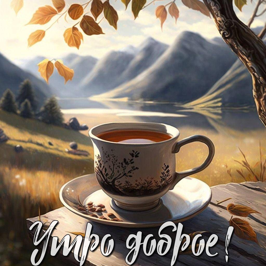 Утро, чашка чая на фоне осеннего пейзажа