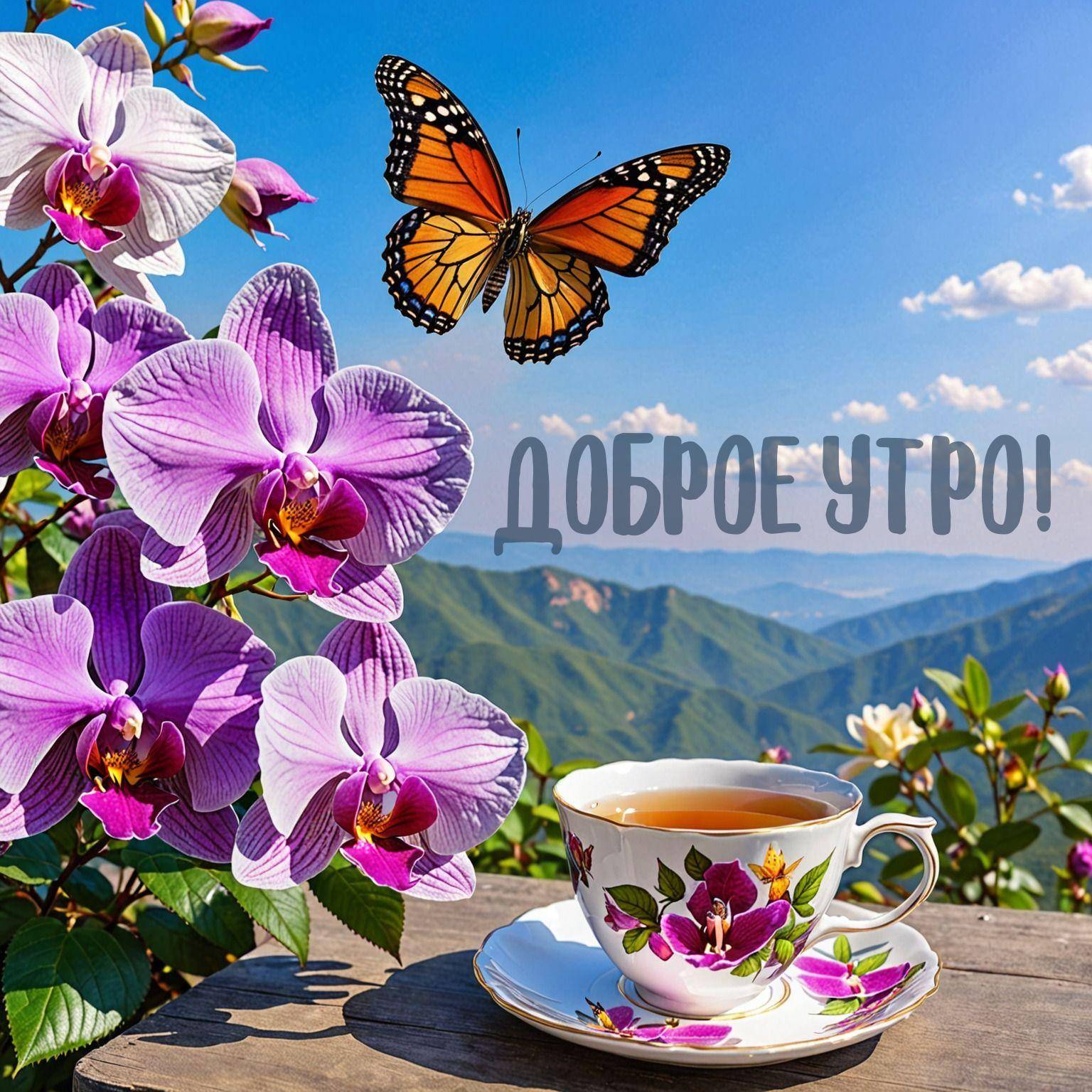 Утро, чашка чая на фоне цветущих орхидей и бабочки