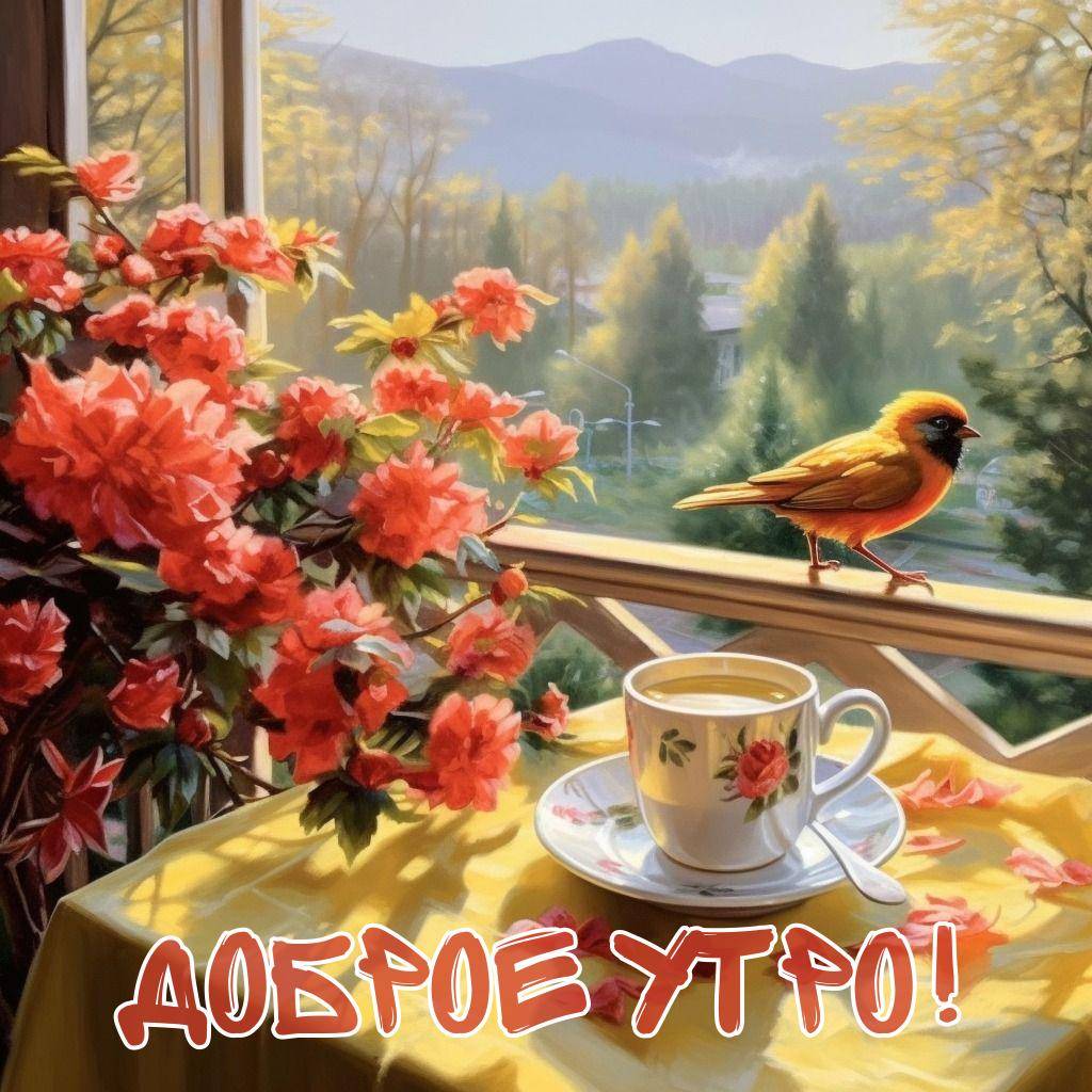 Утро, чашка чая на столе с цветами
