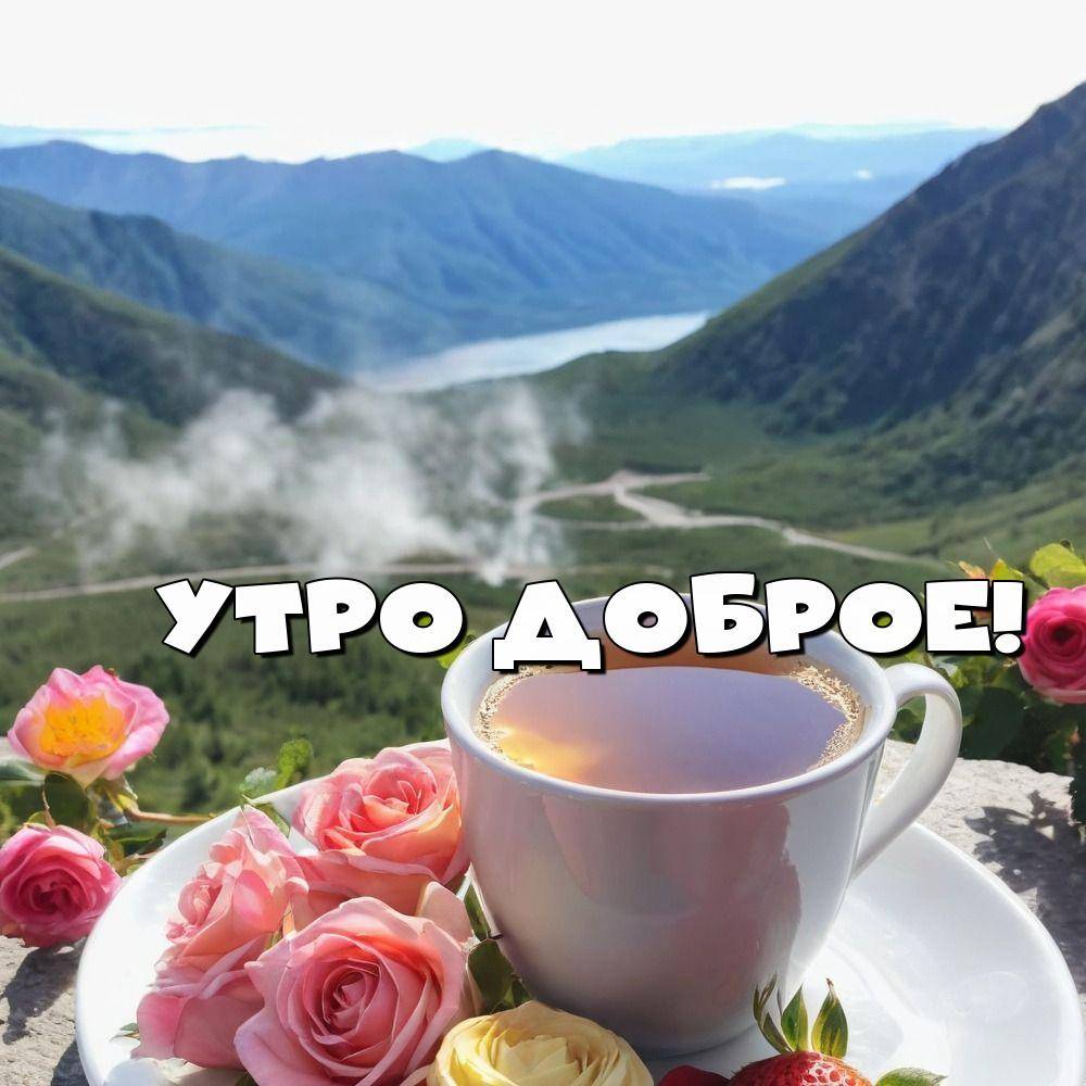 Утро, чашка чая на тарелке с розами, вид на горы