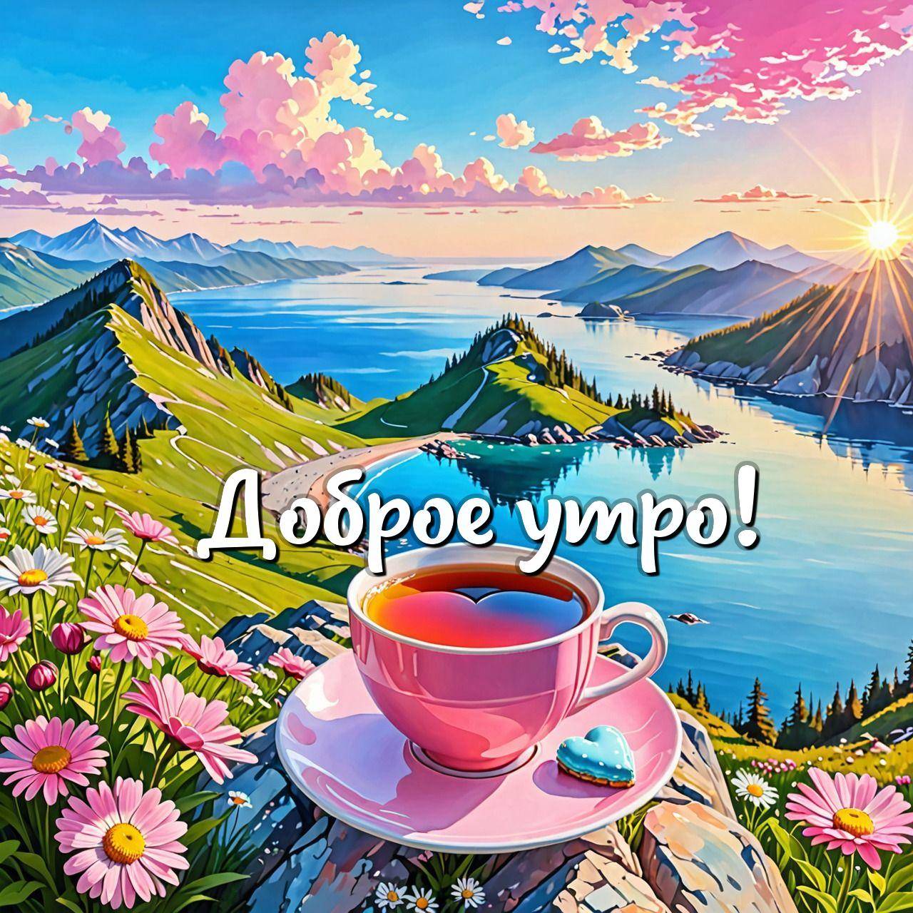 Утро, чашка чая на траве среди цветов у озера