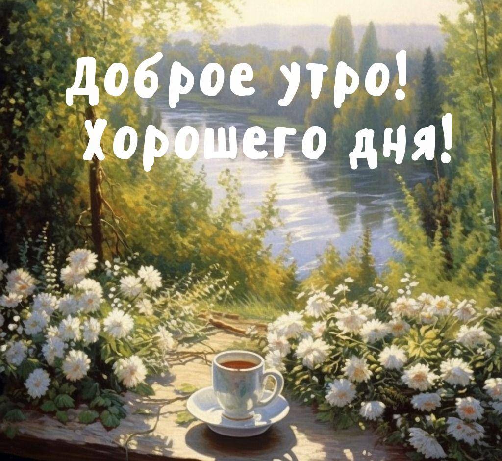 Утро, чашка чая с цветами, река и лес на заднем плане