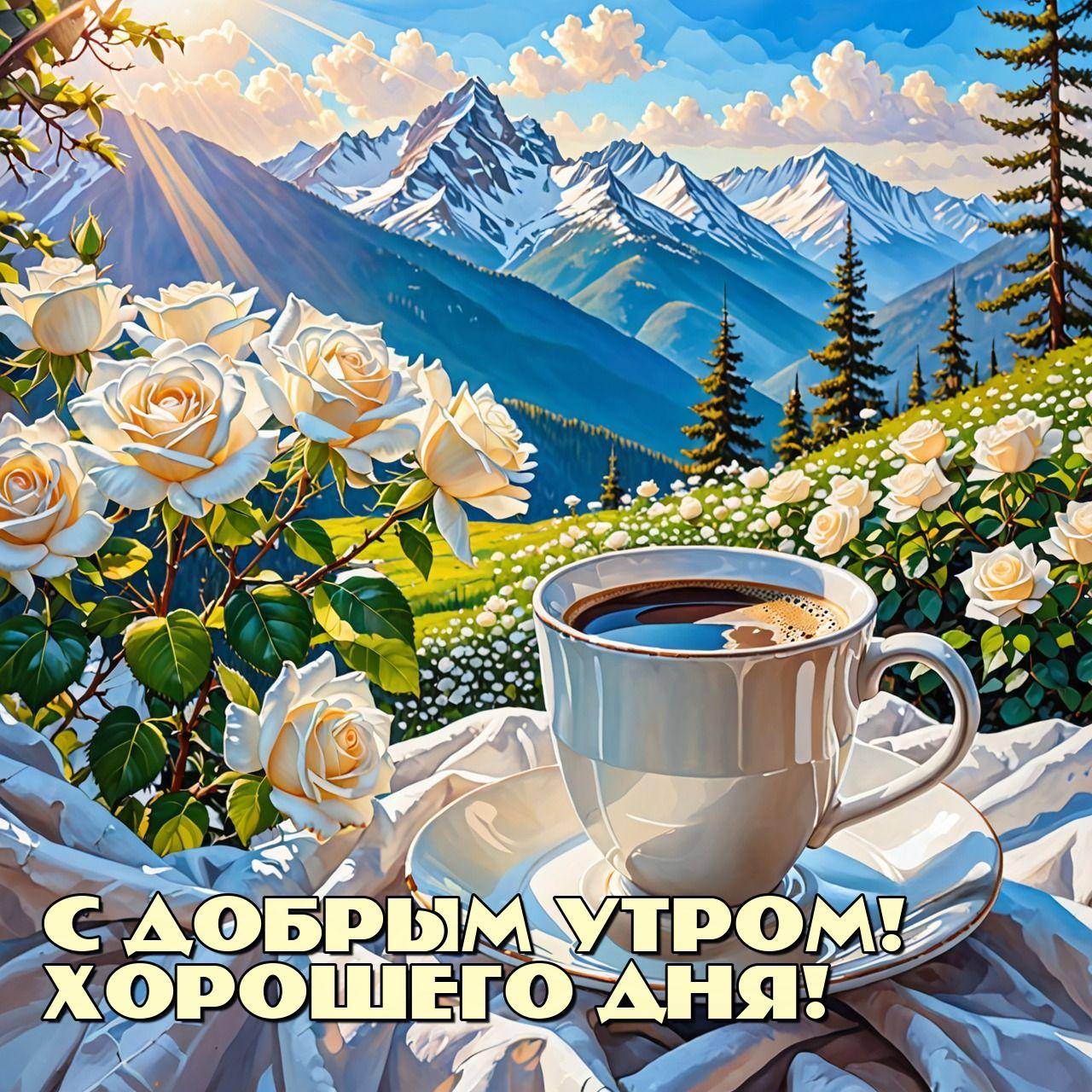 Утро, чашка кофе и белые розы на фоне гор