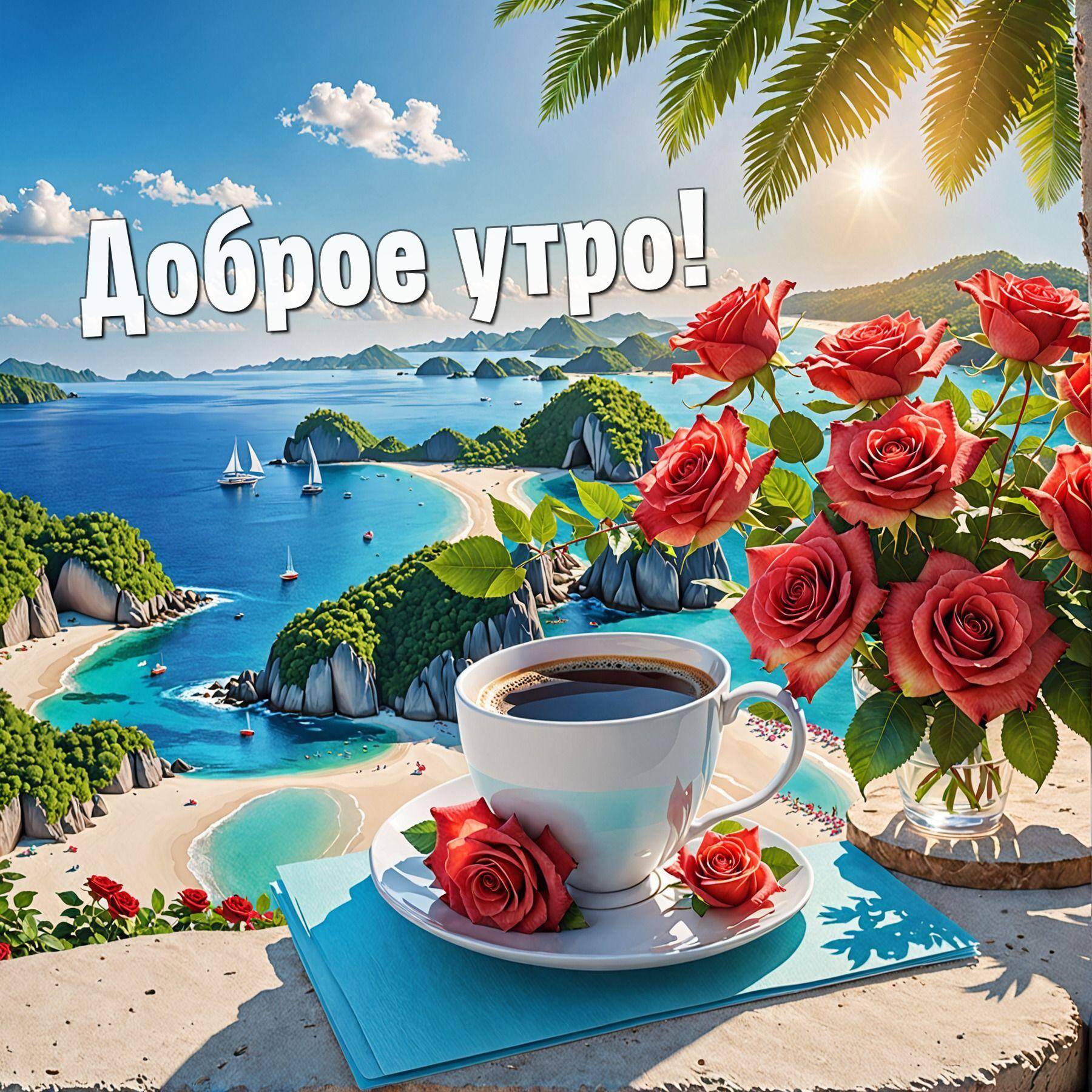 Утро, чашка кофе и красные розы на пляже
