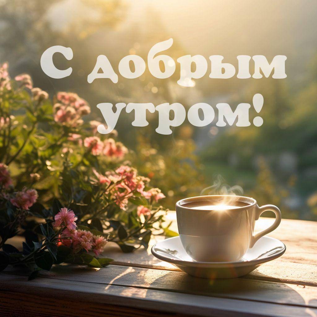 Утро, чашка кофе и цветы на деревянной поверхности
