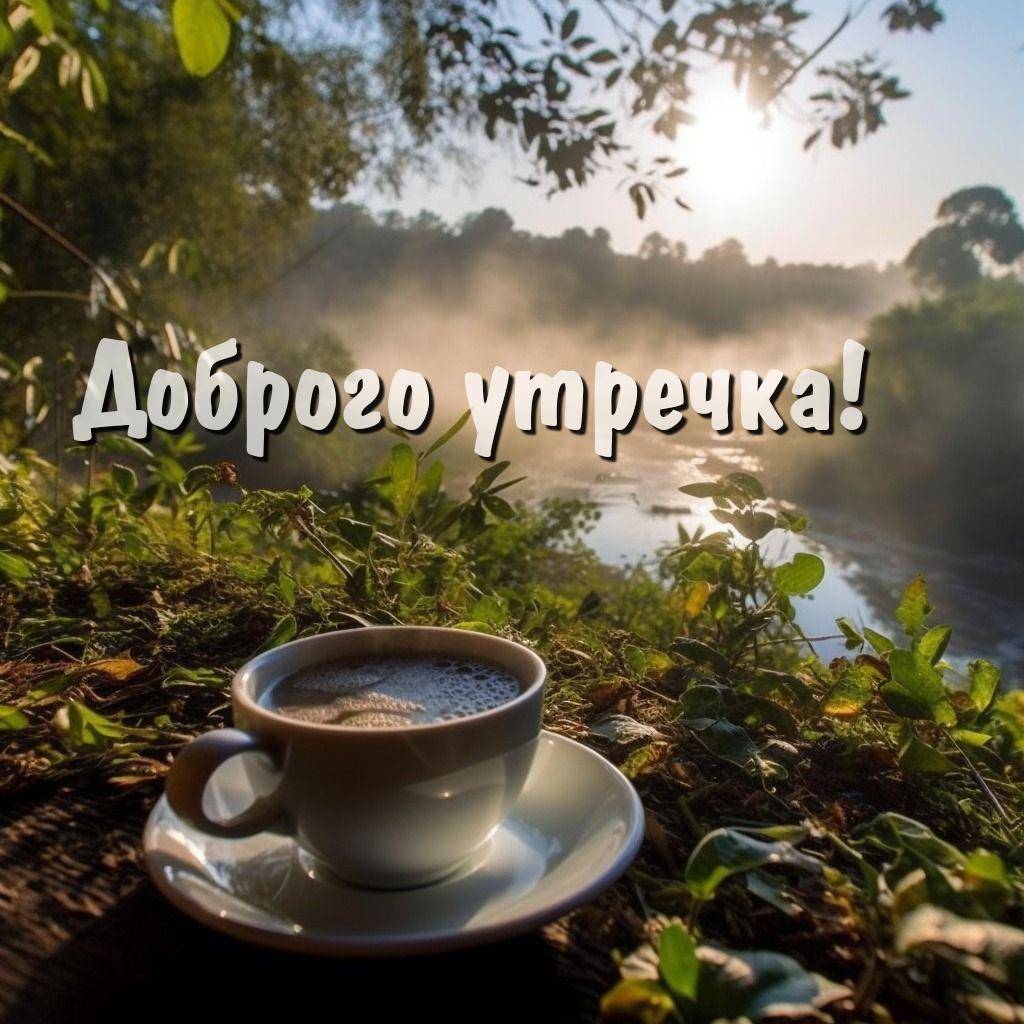 Утро, чашка кофе на блюдце в зелёной природе
