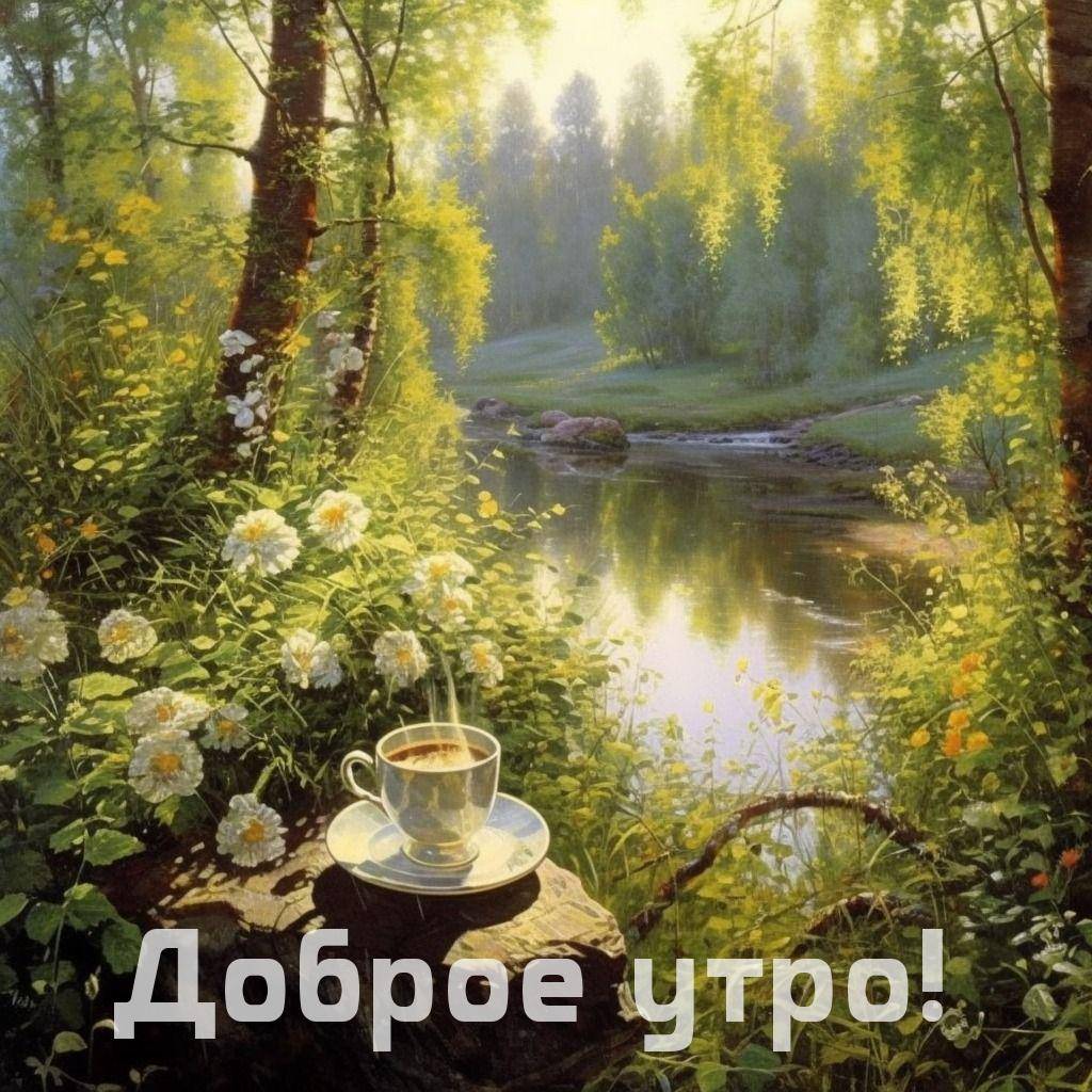 Утро, чашка кофе на камне, цветы, река
