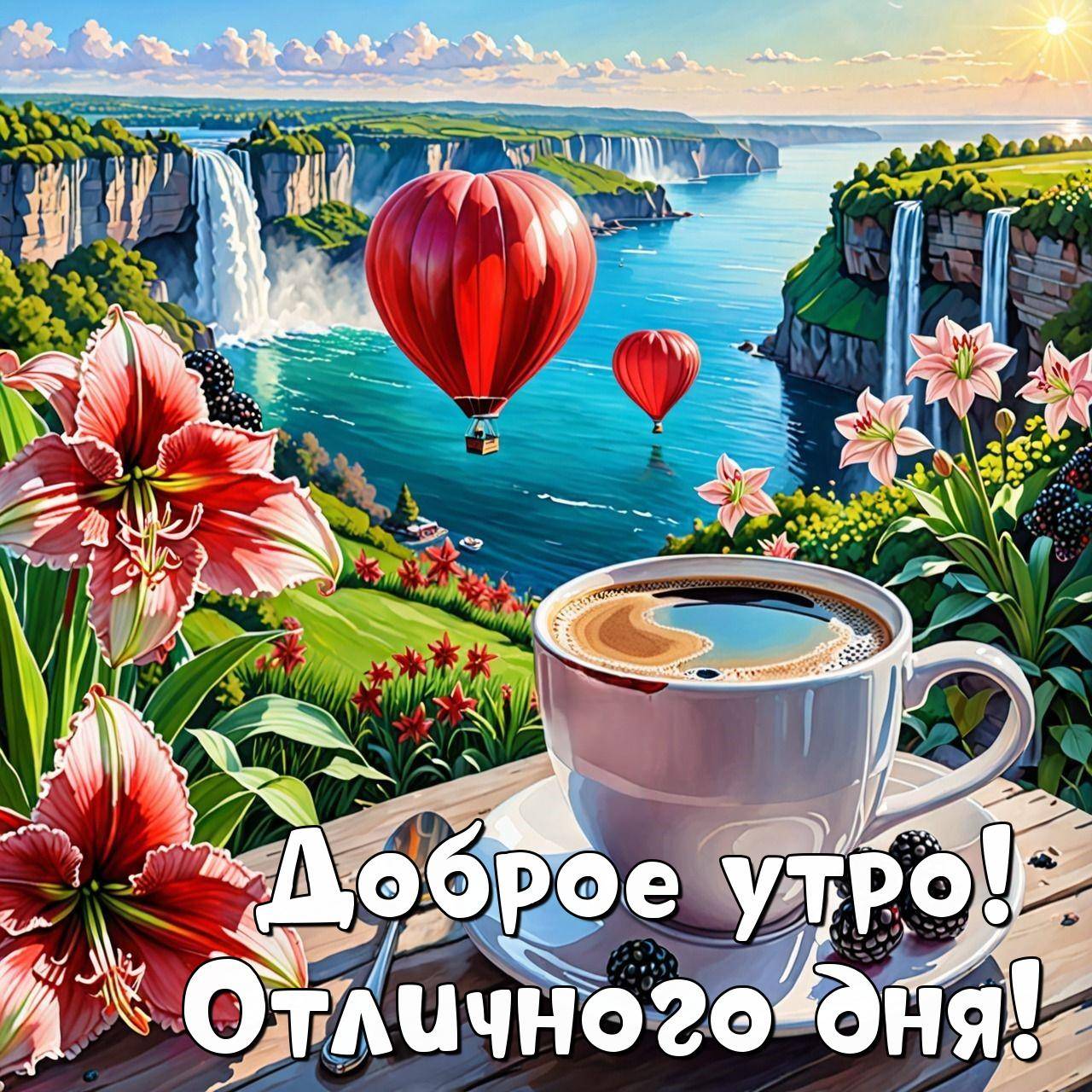 Утро, чашка кофе на столе с ягодами