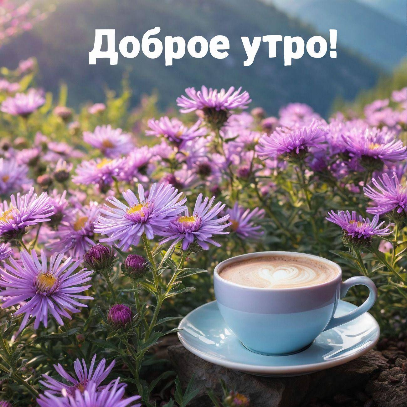 Утро, чашка кофе с рисунком на пенке среди цветов