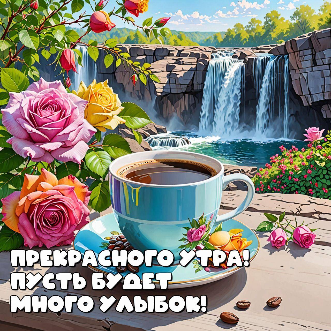 Утро, чашка кофе с розами и пейзажем