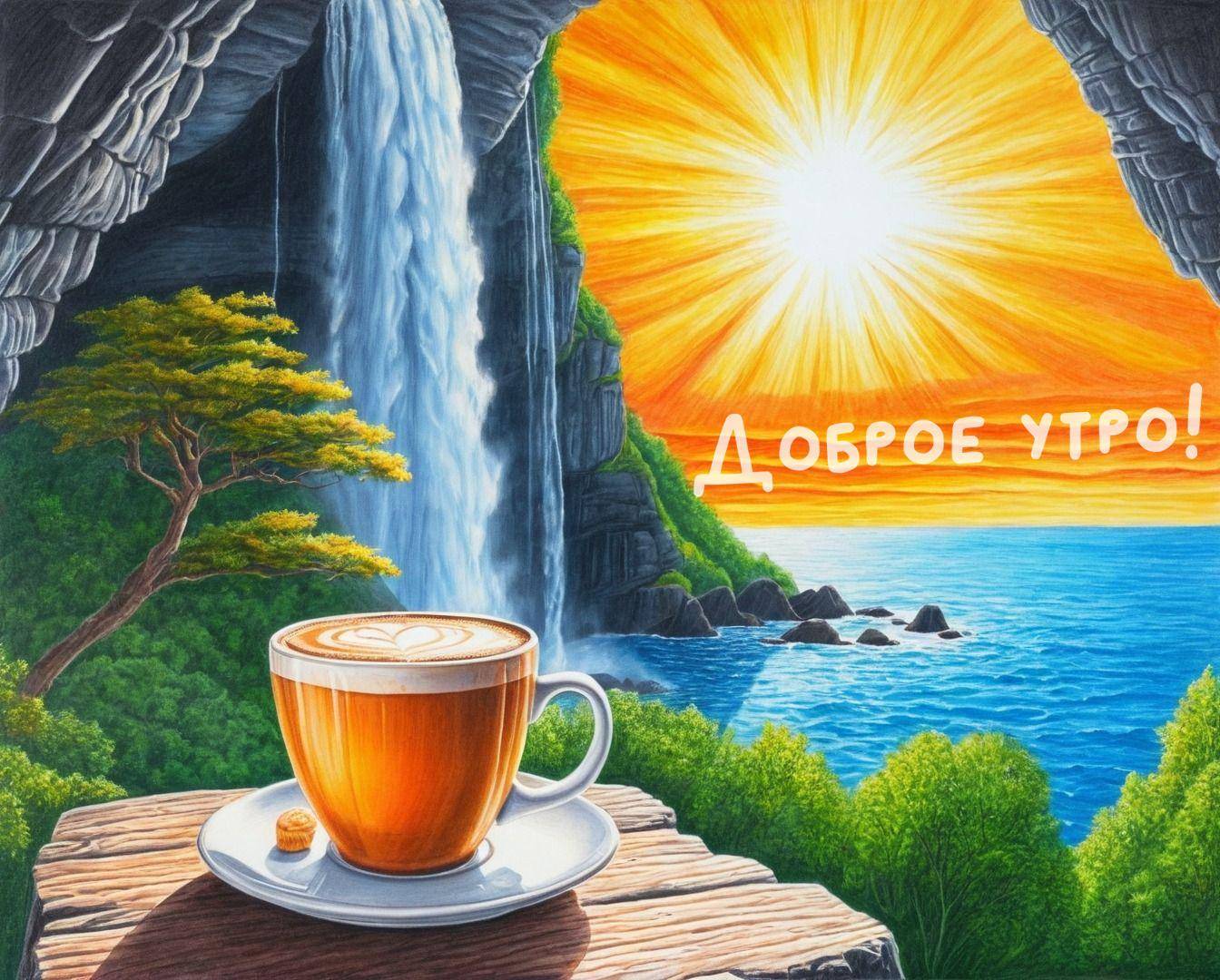 Утро, чашка кофе с узором на пенке и водопад на фоне